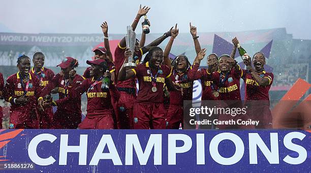 West Indies lift the trophy after winning the Women's ICC World Twenty20 India 2016 Final between Australia and the West Indies at Eden Gardens on...