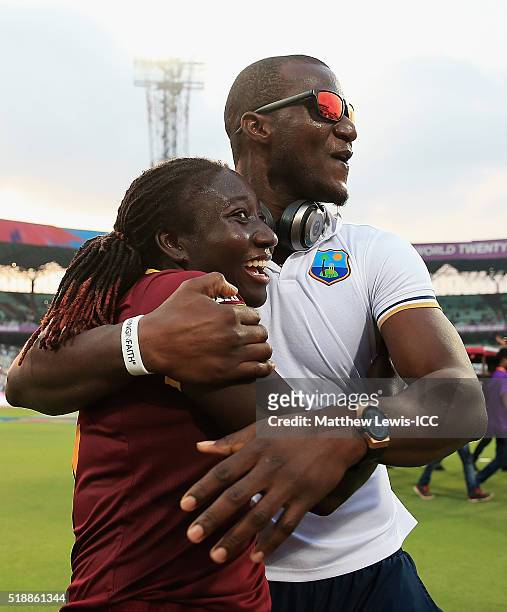 Darren Sammy, Captain of the West Indies congratulates Stafanie Taylor, Captain of the West Indies on her teams win over Australia during the Women's...