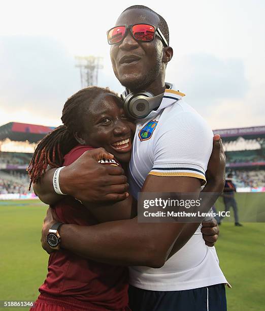 Darren Sammy, Captain of the West Indies congratulates Stafanie Taylor, Captain of the West Indies on her teams win over Australia during the Women's...