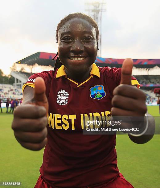 Stafanie Taylor, Captain of the West Indies celebrates her teams win during the Women's ICC World Twenty20 India 2016 Final between Australia and...