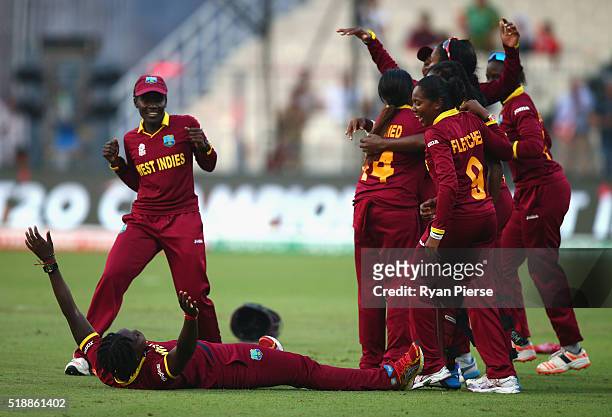 West Indies celebrate victory during the Women's ICC World Twenty20 India 2016 Final match between Australia and West Indies at Eden Gardens on April...