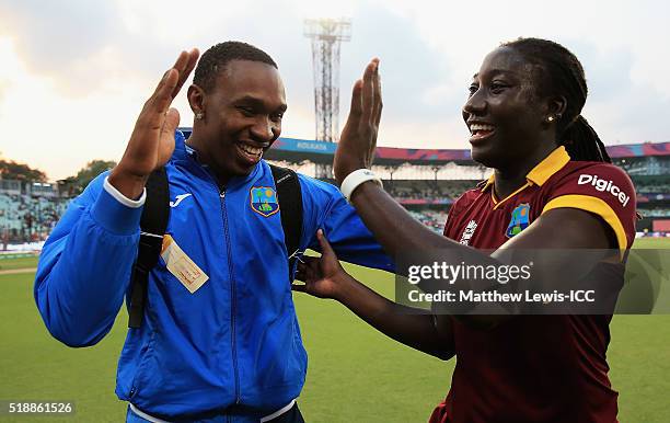 Dwayne Bravo of the West Indies celebrates with Stafanie Taylor, Captain of the West Indies, after her team won the Women's ICC World Twenty20 Final...