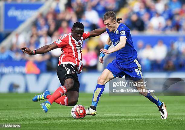 Jamie Vardy of Leicester City is tackled by Victor Wanyama of Southampton during the Barclays Premier League match between Leicester City and...