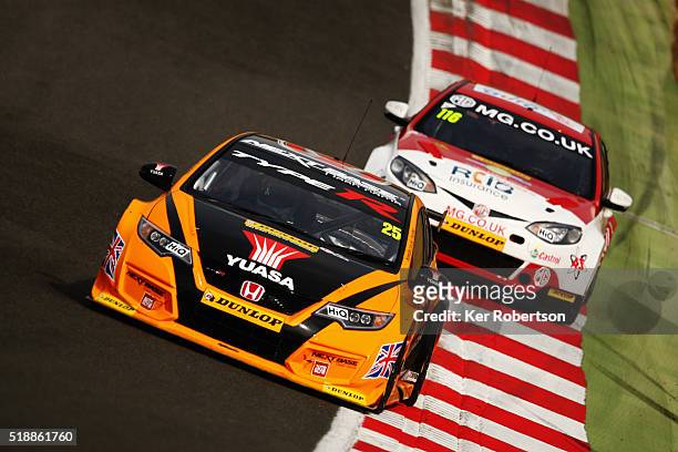 Matt Neal of Halfords Yuasa Honda drives during race one of the Dunlop MSA British Touring Car Championship at Brands Hatch on April 3, 2016 in...