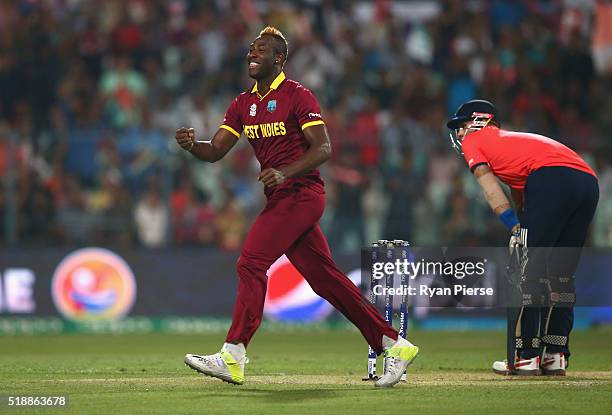 Andre Russell of the West Indies celebrates after taking the wicket of Alex Hales of England during the ICC World Twenty20 India 2016 Final match...