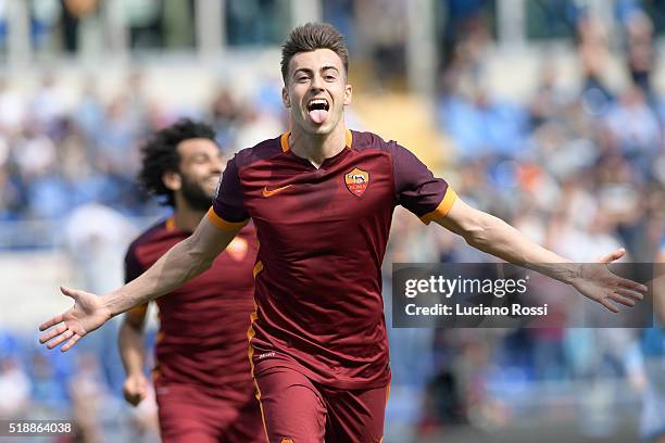 Roma player Stephan El Shaarawy celebrates during the Serie A match between SS Lazio and AS Roma at Stadio Olimpico on April 3, 2016 in Rome, Italy.