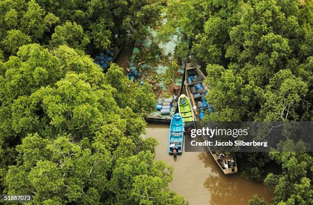 Boats and a barge carrying tanks filled with stolen or 'bunkered' crude oil hide among mangrove trees in the Niger Delta, October 12, 2004 near Port...