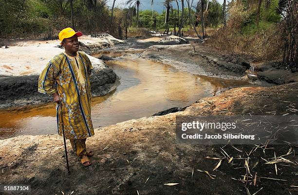 The village chief stands on the site where a crude oil fire burned earlier in the week October 14, 2004 in Goi, Nigeria. Despite producing 2.26...