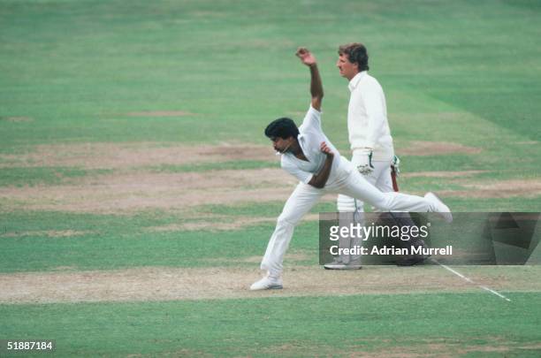 Kapil Dev bowls for India during the First Test Match against England at Lords, June 1982.