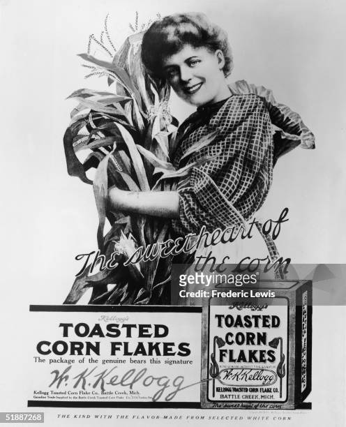 Retouched image of the first print advertisement placed by W. K. Kellogg to sell his corn cereal shows a hearty American peasant woman in a dress as...