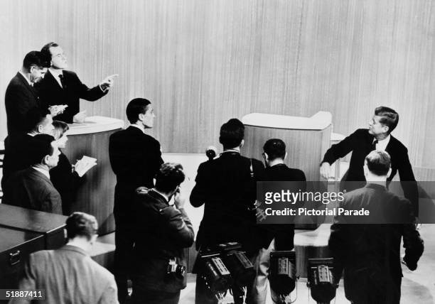Vice President and Republican presidential candidate Richard Nixon talks and points at US Senator and Democratic presidential candidate John F....