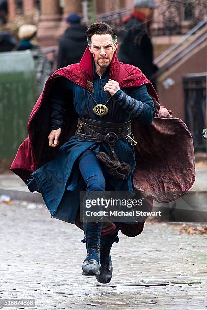 Actor Benedict Cumberbatch is seen filming "Doctor Strange" on location on April 2, 2016 in New York City.