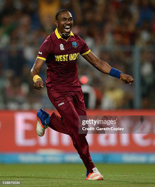 Dwayne Bravo of the West Indies celebrates dismissing Ben Stokes of England during the ICC World Twenty20 India 2016 Final between England and the...