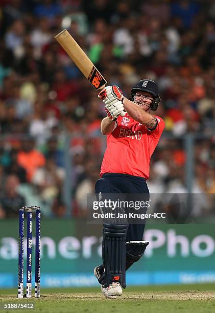 Ben Stokes of England hits out during the ICC World Twenty20 India 2016 final match between England and West Indies at Eden Gardens on April 3, 2016...