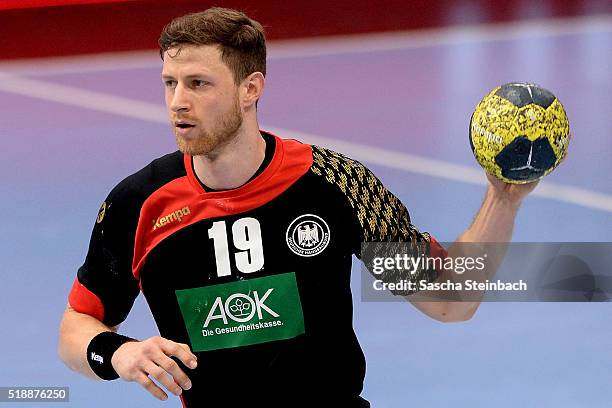 Martin Strobel of Germany controls the ball during the handball international friendly match between Germany and Austria at Schwalbe arena on April...