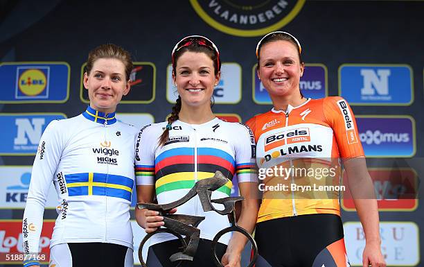 Second placed Emma Johansson of Sweden and Wiggle High 5, race winner Lizzie Armstead of Great Britain and Boels Dolmans and third placed Chantal...