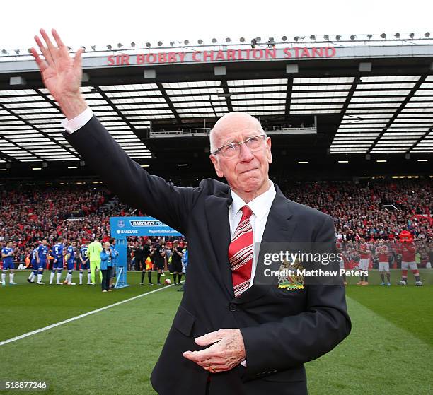 Sir Bobby Charlton of Manchester United attends the unveiling of a stand renamed in his honour ahead of the Barclays Premier League match between...