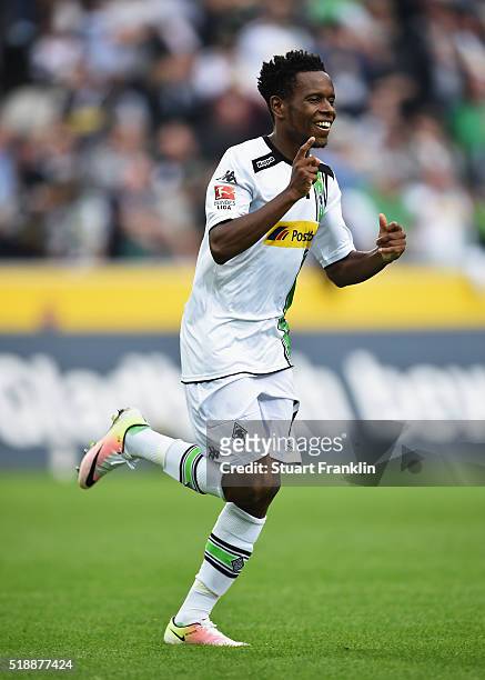 Ibrahima Traore of Borussia Moenchengladbach celebrates as he scores their fifth goal during the Bundesliga match between Borussia Moenchengladbach...