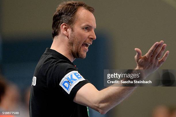 Head coach Dagur Sigurdsson of Germany reacts during the handball international friendly match between Germany and Austria at Schwalbe arena on April...