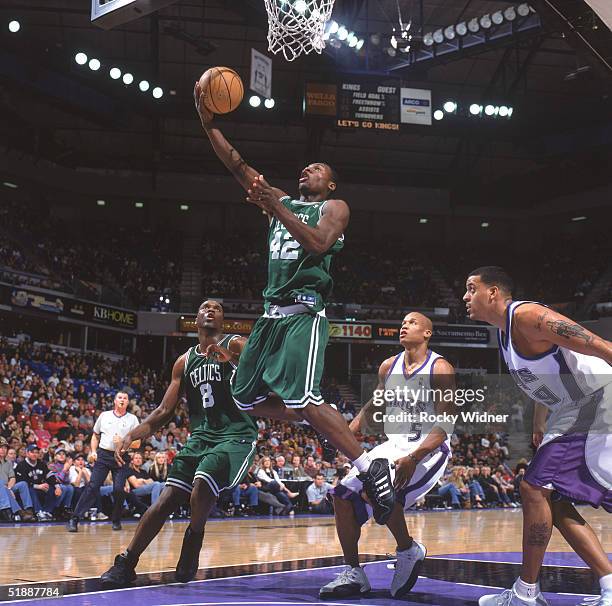 Tony Allen of the Boston Celtics lays up a shot during the game against the Sacramento Kings at Arco Arena on December 5, 2004 in Sacramento,...