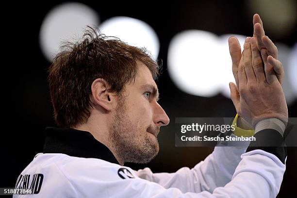 Goalkeeper Carsten Lichtlein of Germany reacts after the handball international friendly match between Germany and Austria at Schwalbe arena on April...