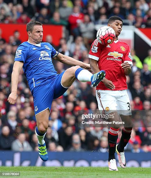 Marcus Rashford of Manchester United in action with during Phil Jagielka of Everton during the Barclays Premier League match between Manchester...