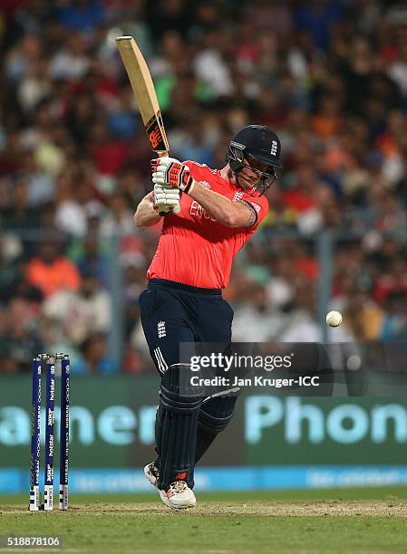 Ben Stokes of England hits out during the ICC World Twenty20 India 2016 final match between England and West Indies at Eden Gardens on April 3, 2016...