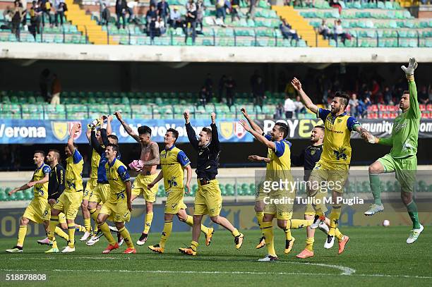 Players of Chievo celebrates after winning the Serie A match between AC Chievo Verona and US Citta di Palermo at Stadio Marc'Antonio Bentegodi on...