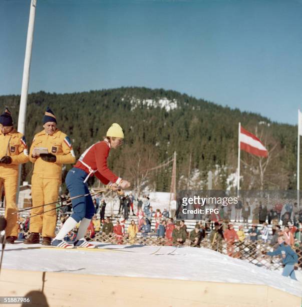 Soviet skier Galina Kulakova shortly before the start of the 5 km Women's Cross Country skiing event during the XII Winter Olympic Games, February 11...