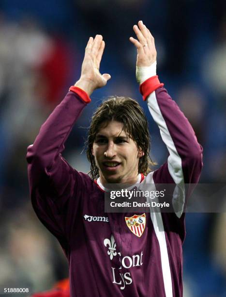 Sevilla's Sergio Ramos salutes fans after beating Real Madrid 1-0 during the Primera Liga match between Real Madrid and Sevilla at the Bernabeu on...