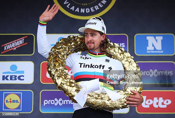 Race winner Peter Sagan of Slovakia and Tinkoff celebrates on the podium during the 100th edition of the Tour of Flanders from Bruges to Oudenaarde...
