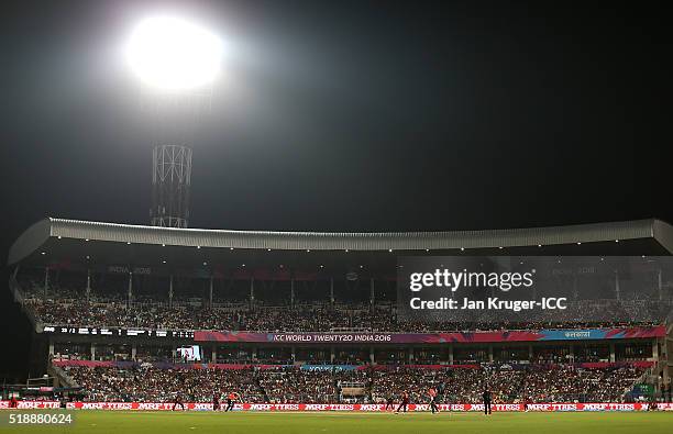 General view of play during the ICC World Twenty20 India 2016 final match between England and West Indies at Eden Gardens on April 3, 2016 in...