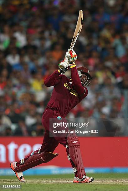 Chris Gayle of the West Indies bats during the ICC World Twenty20 India 2016 final match between England and West Indies at Eden Gardens on April 3,...