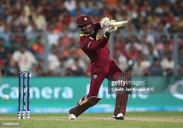 Marlon Samuels of the West Indies bats during the ICC World Twenty20 India 2016 final match between England and West Indies at Eden Gardens on April...