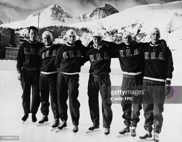 Portrait of the US Olympic speed skating team on an outdoor rink shortly after arriving in St. Moritz for the 1948 Winter Olympic Games, St. Moritz,...