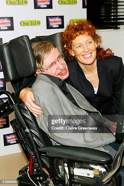 Professor Stephen Hawking and his wife Elaine Mason pose in the Awards Room at the "British Comedy Awards 2004" on December 22, 2004 at London...