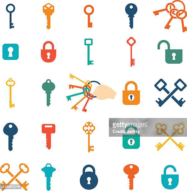 ilustraciones, imágenes clip art, dibujos animados e iconos de stock de iconos de llave - unlocking