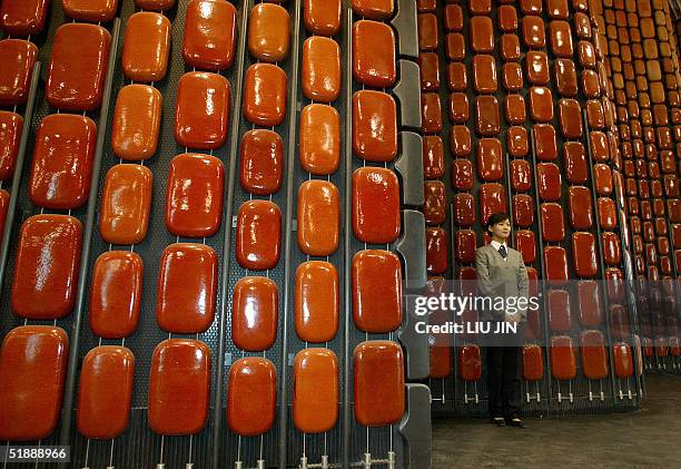 Hostess stand at the door of a concert hall in the newly built Shanghai Oriental Art Center in Shanghai, 23 December 2004. The art center was...