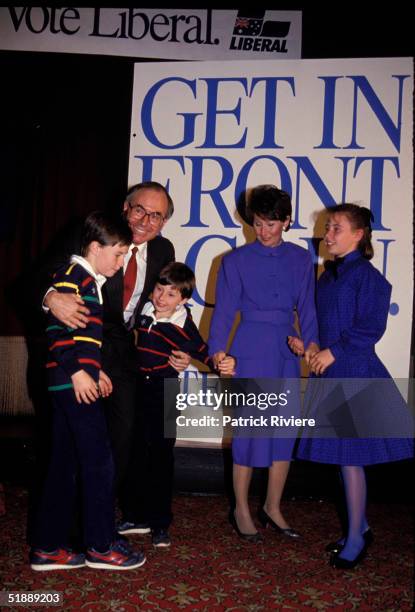 1987 - JOHN HOWARD, WIFE JANETTE, DAUGHTER MELANIE AND SONS RICHARD AND TIM DURING THE LIBERAL ELECTION CAMPAIGN.