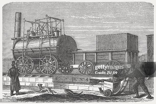 stephenson's locomotive for the stockton and darlington railway, published 1877 - george stephenson stock illustrations