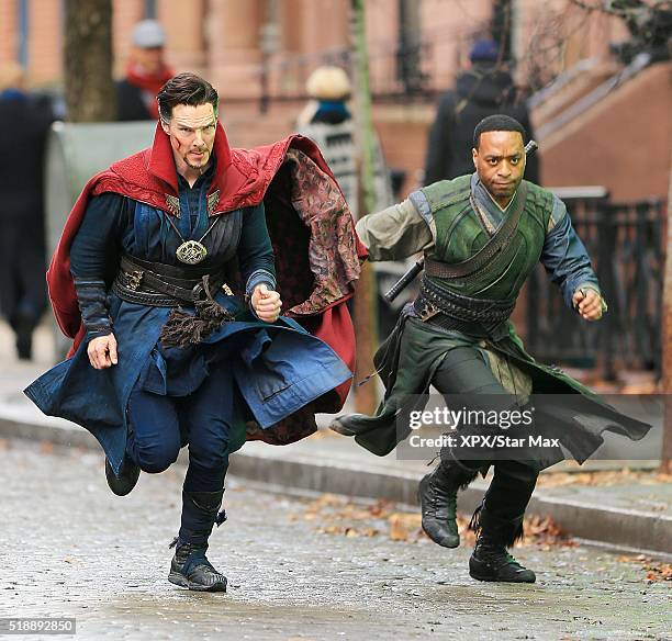 Actors Benedict Cumberbatch and Chiwetel Ejiofor are seen on the set of 'Doctor Strange' on April 2, 2016 in New York City.