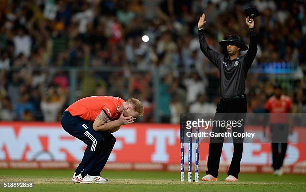 Ben Stokes of England reacts after being hits for six runs in the final over during the ICC World Twenty20 India 2016 Final between England and the...