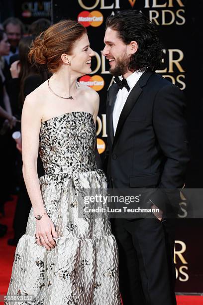 Rose Leslie and Kit Harington attend The Olivier Awards with Mastercard at The Royal Opera House on April 3, 2016 in London, England.