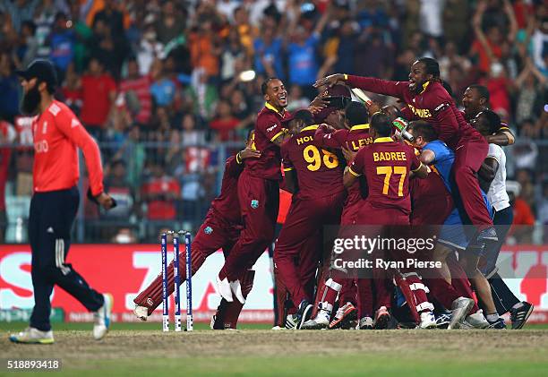 West Indies celebrate victory after Carlos Brathwaite of the West Indies hit the winning runs during the ICC World Twenty20 India 2016 Final match...