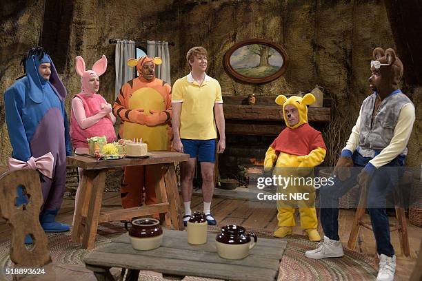 Peter Dinklage" Episode 1699 -- Pictured: Bobby Moynihan as Eeyore, Kate McKinnon as Piglet, Kenan Thompson as Tigger, Taran Killam as Christopher...