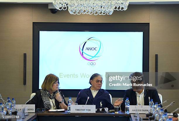 Secretary General Gunilla Lindberg, Timothy Tsun Ting Fok Event Working Group Chairman and Haider Ahe Farman of the Olympic Council of Asia during a...