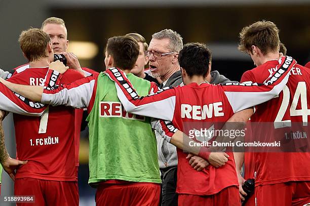 Head coach Peter Stoeger of 1. FC Koeln holds a speach after the Bundesliga match between 1899 Hoffenheim and 1. FC Koeln at Wirsol...