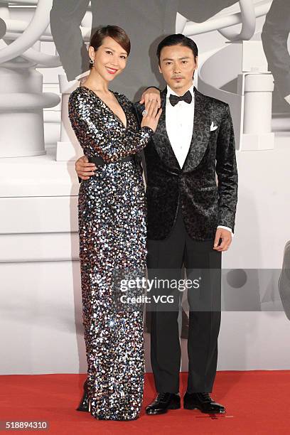Model and actress Ada Choi and husband Max Zhang arrive at the red carpet of the 35th Hong Kong Film Awards on April 3, 2016 in Hong Kong, China.