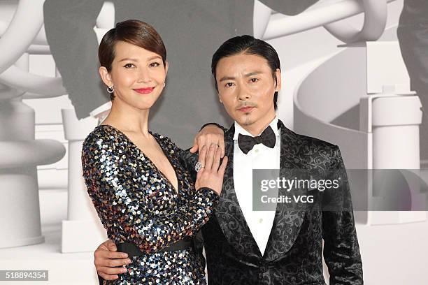 Model and actress Ada Choi and husband Max Zhang arrive at the red carpet of the 35th Hong Kong Film Awards on April 3, 2016 in Hong Kong, China.
