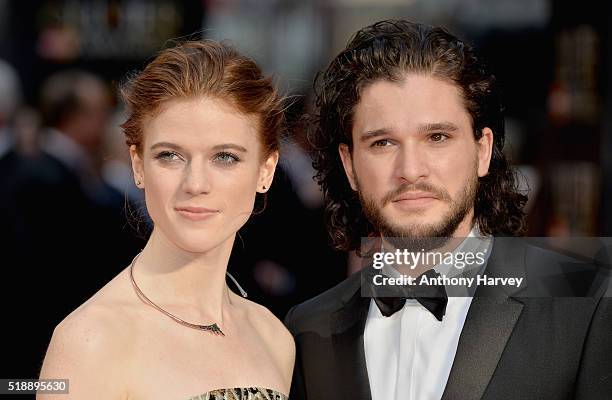 Rose Leslie and Kit Harington attend The Olivier Awards with Mastercard at The Royal Opera House on April 3, 2016 in London, England.